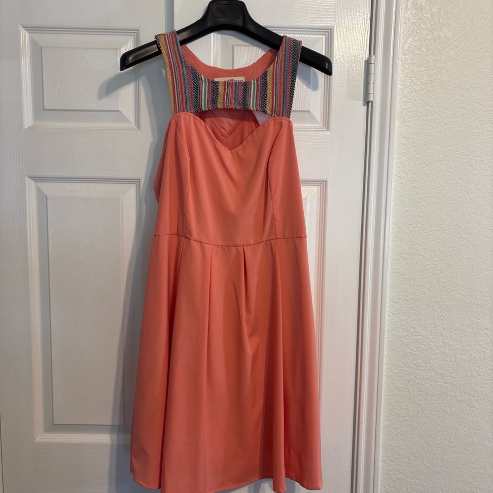 Altar'd State Coral Dress with Multicolor Striped Straps